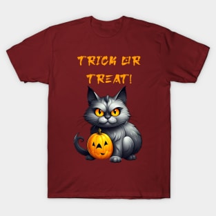 Trick or treat cute evil demon cat with pumpkin Halloween design T-Shirt